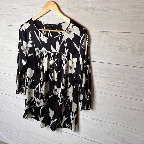 Lafayette 148 New York Blouse Womens SZ 6 Black & White Floral 100% Silk Natural - Picture 5 of 16